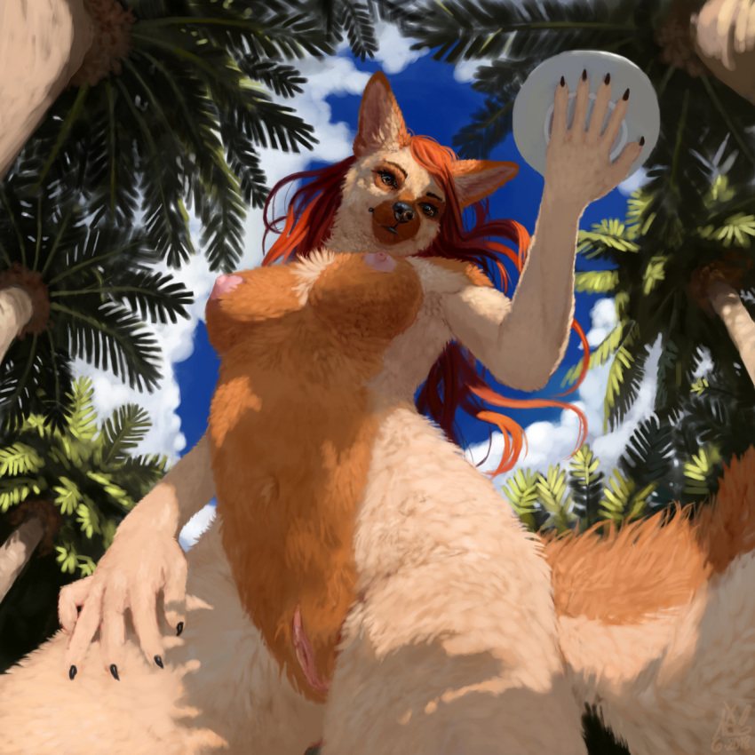 2018 amber_eyes anthro breasts canine claws female forest fur furry furry_only german_shepherd hair hera jungle looking_at_viewer looking_down low-angle_view mammal nipples no_humans notdonebaking nude orange_fur palm_trees plate pussy red_hair solo tan_fur tree worm's-eye_view