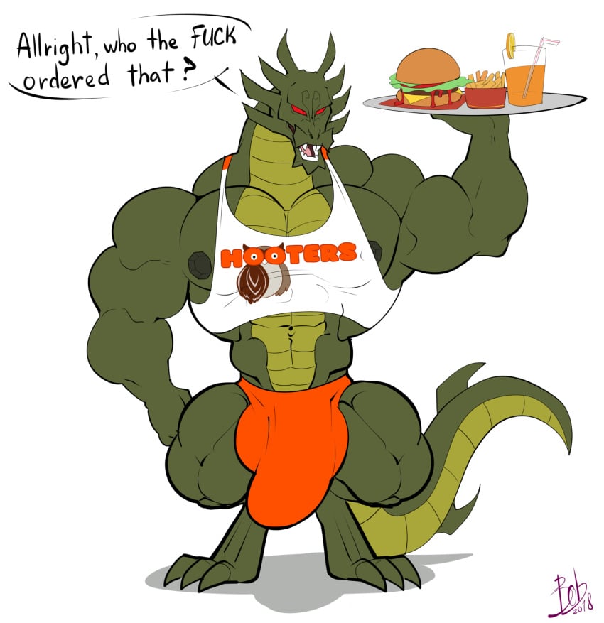 anthro armpit_hair ass beverage big_muscles bobthetanuki bulge burger butt_hair butt_shot clothing demon dragon english_text food fries fruit_juice hairy_butt hooters horn jackie_chan_adventures juice_(disambiguation) looking_at_viewer male male_only muscular navel orange_juice penis_outline red_eyes scalie shendu shirt slots solo tank_top text waiter