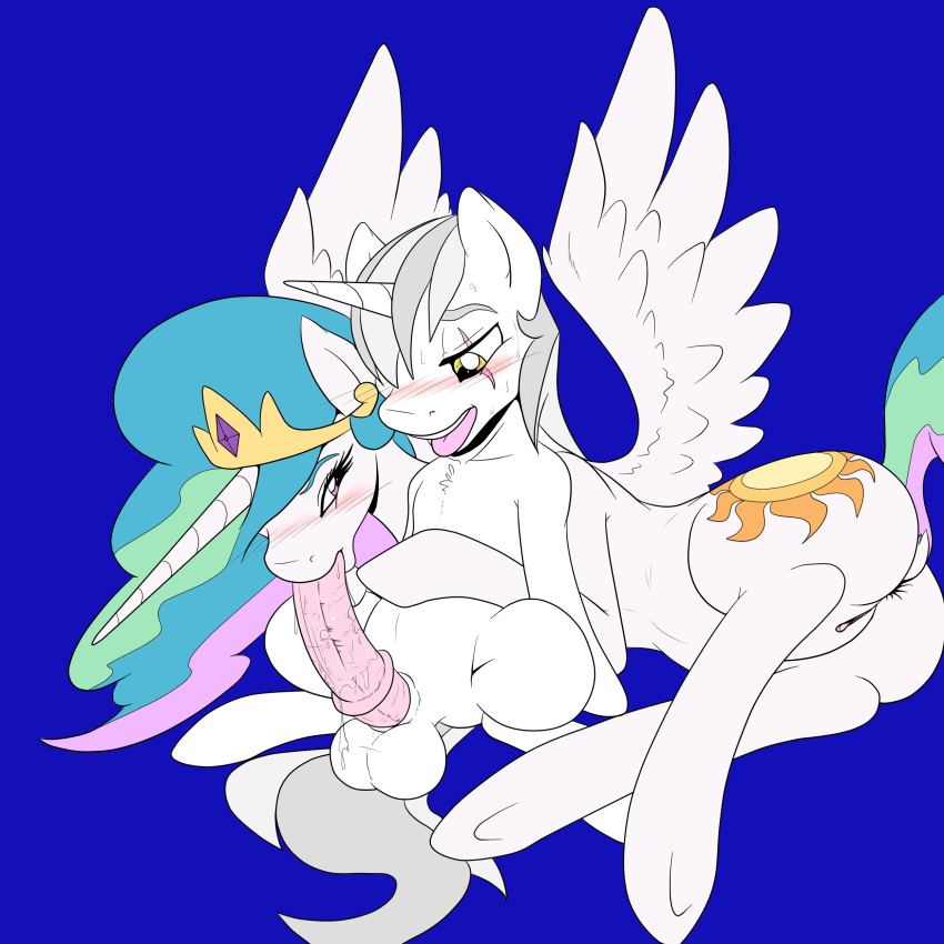 2015 ahe_gao alicorn animal_genitalia animal_penis anus ass balls blue_background blush duo equine equine_penis erection fan_character feathered_wings feathers fellatio female friendship_is_magic hi_res horn horsecock looking_at_another male mammal my_little_pony oral oral_penetration penetration penis poprocks princess_celestia_(mlp) pussy scar sex silver_sickle_(oc) unicorn wing_boner wings