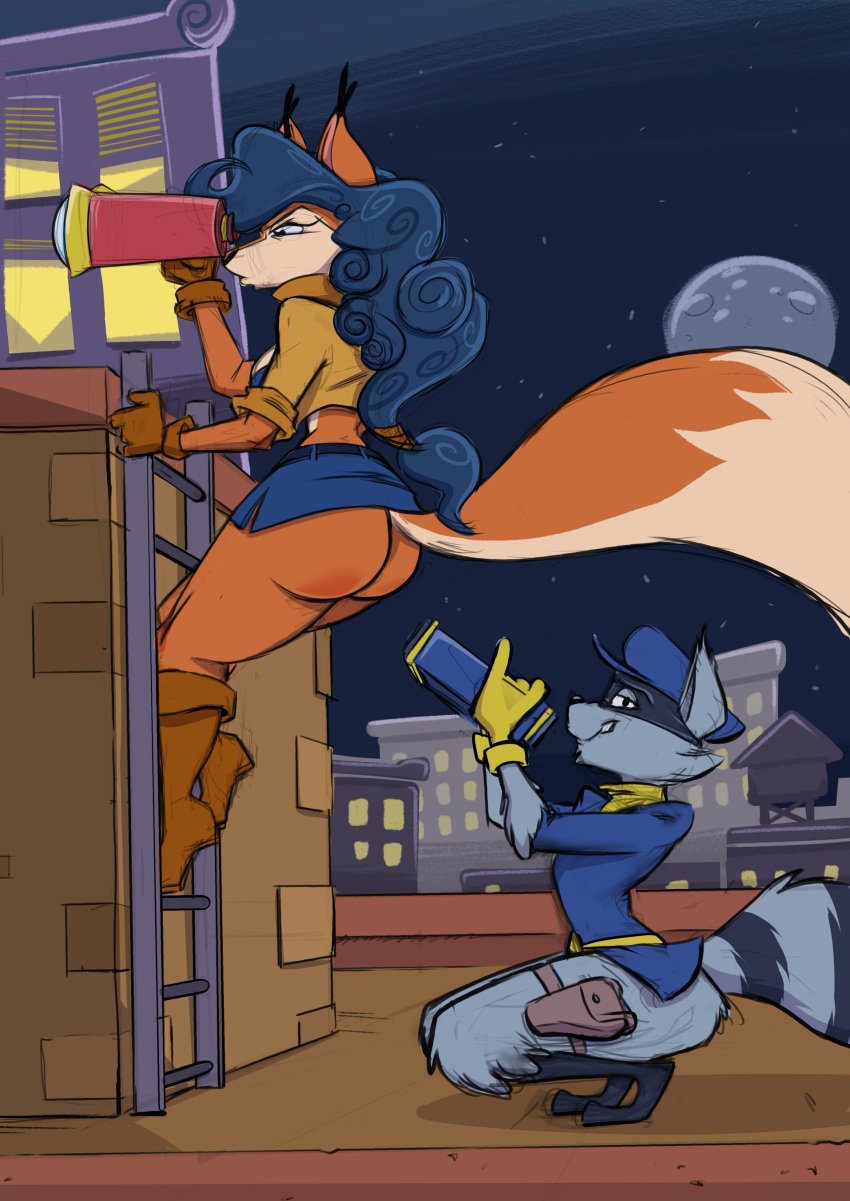 1boy 1girls anthro ass binoculars bottomless_skirt breasts carmelita_fox catsprin cleavage crouching curvy female joelasko large_ass large_breasts looking_at_ass male male_with_female no_panties oblivious skirt skirt_lift sly_cooper sly_cooper_(series) smooth_fur straight upskirt