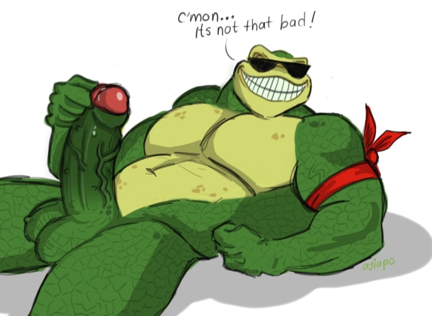 aji_arts ajiapo amphibian balls battletoads biceps big_pecs eyewear grin male male_only muscular nude pecs precum rash_(battletoads) smile solo sunglasses toad video_games