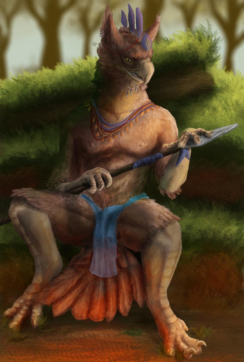 2018 4_fingers 4_toes anthro avian balls balls_slip beak biped black_eyes blue_bottomwear blurred_background brown_balls brown_feathers brown_nipples claws clothed clothing day digital_media_(artwork) ear_piercing falcrus feathers forest grass headdress hi_res holding_object holding_weapon jewelry logo loincloth looking_down male male_only melee_weapon necklace nipples open_beak open_mouth open_smile outside piercing polearm sharp_claws sitting smile solo spear spread_legs spreading tail_feathers talons toe_claws toes topless translucent transparent_clothing tree tribal weapon white_beak white_claws yellow_sclera