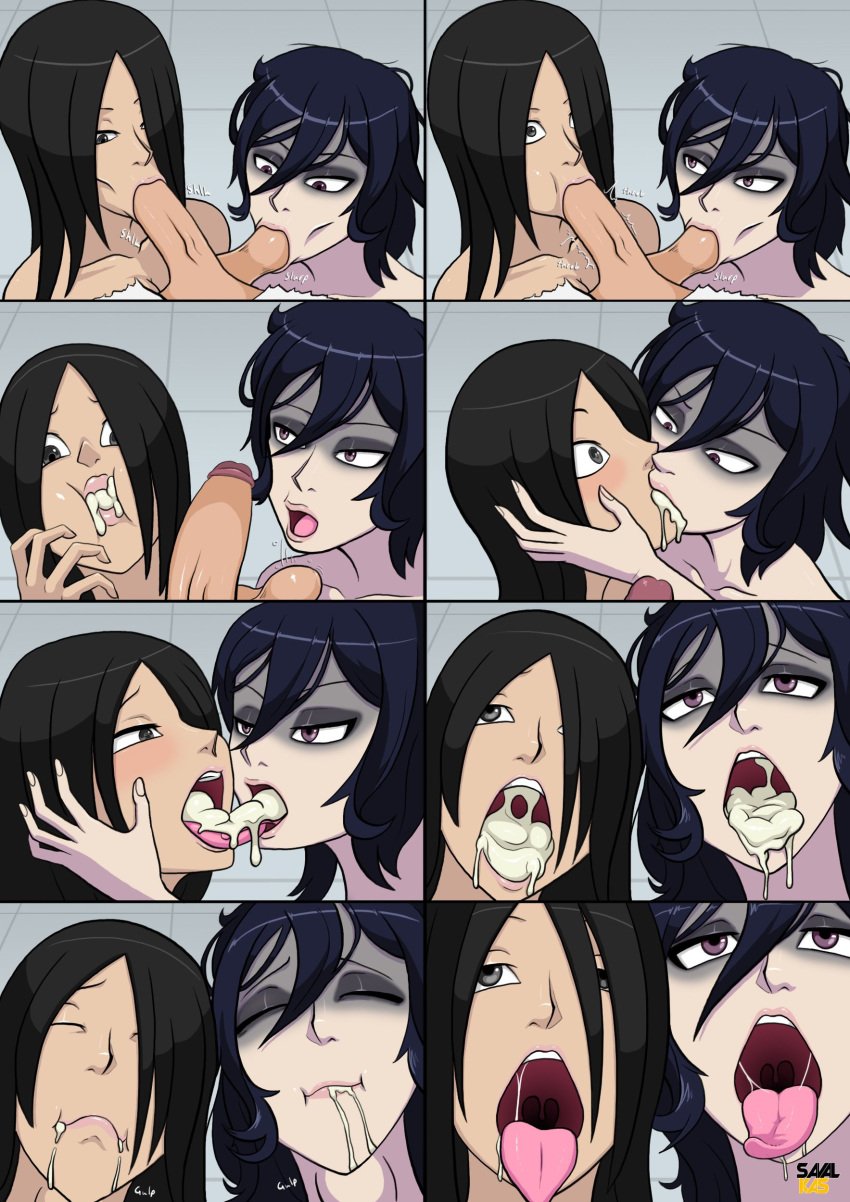 2girls ball_sucking collaborative_fellatio cum cum_in_mouth cum_sharing cum_swapping fellatio female heterosexual_threesome horuda_puresu kissing lesbian male oka_ruto oral penis pov savalkas swallowing_cum teamwork threesome yandere_simulator