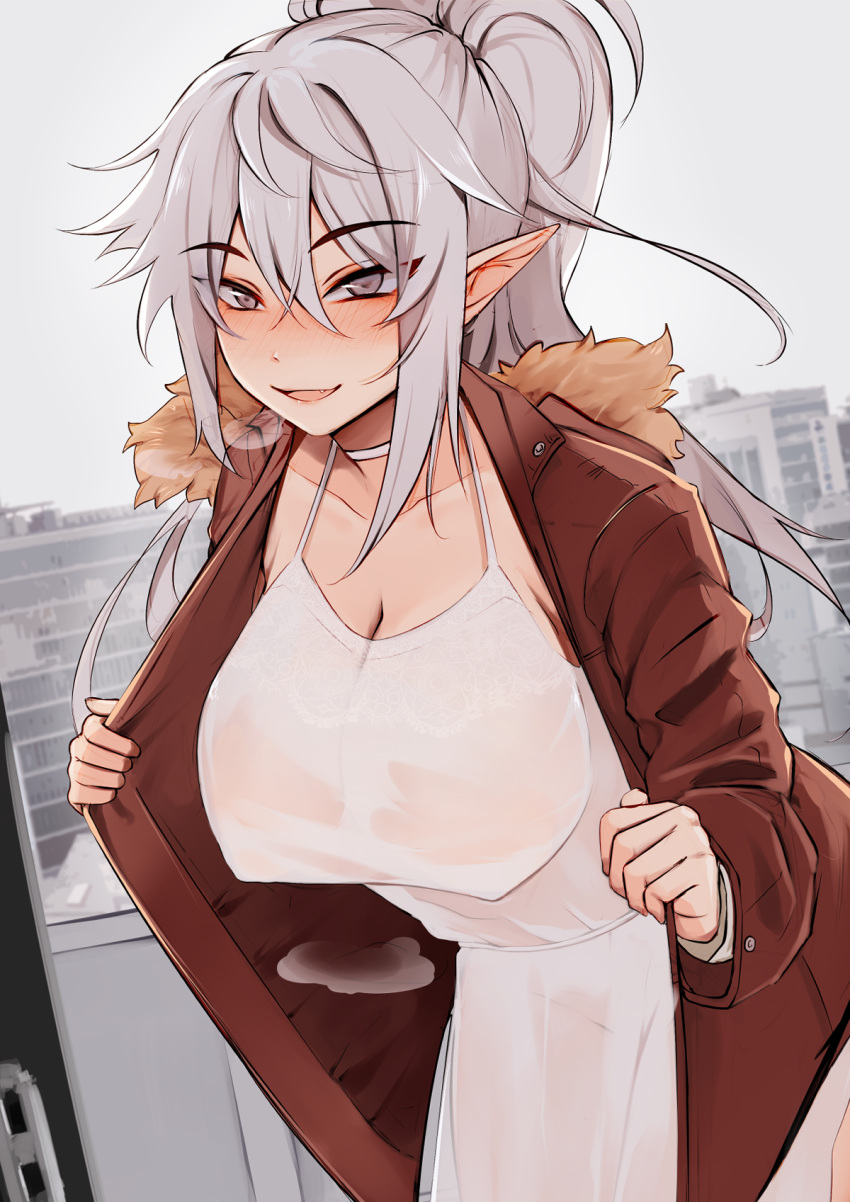 1girls 2021 blush breasts brown_jacket building choker cleavage collarbone cowboy_shot dress elfboi eyebrows_visible_through_hair female female_focus female_only fur-trimmed_jacket fur_trim grey_eyes grey_sky groin highres jacket large_breasts leaning_forward long_hair long_sleeves looking_at_viewer open_clothes open_jacket original outdoors parted_lips pointy_ears ponytail silver_hair sleeveless sleeveless_dress smile solo solo_female spaghetti_strap steaming_body wet wet_clothes wet_dress white_choker white_dress