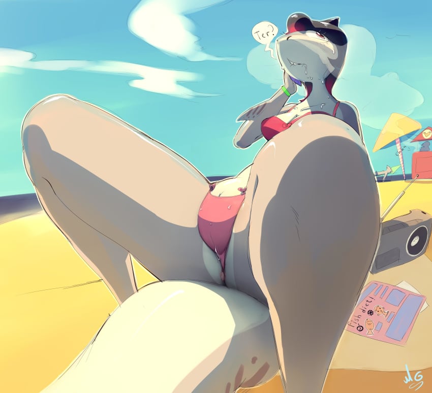 absurd_res anthro anus beach big_tail bikini black_hair bra breasts clothing dialogue english_text female fish front_view grey_skin hair hi_res leaning leaning_back light_skin long_tail marine musikalgenius pale_skin panties pink_eyes presenting public pussy seaside shark sitting solo speech_bubble spread_legs spreading swimsuit tera_tyrant_shadic_(character) text underwear