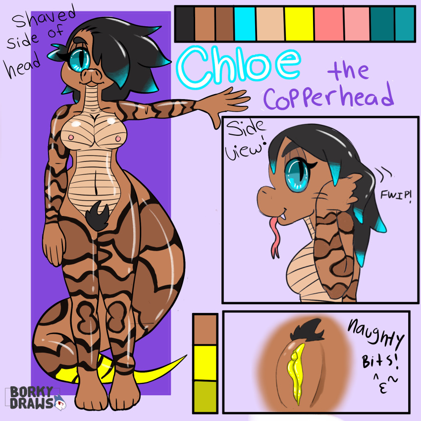 2018 anthro anthro_only blue_eyes bork breasts clitoris color_palette copperhead cute digital_media_(artwork) fangs female hair looking_at_viewer model_sheet nipples nude pubes pussy pussy_lips reptile scalie simple_background smile snake snake_girl solo tongue tongue_out