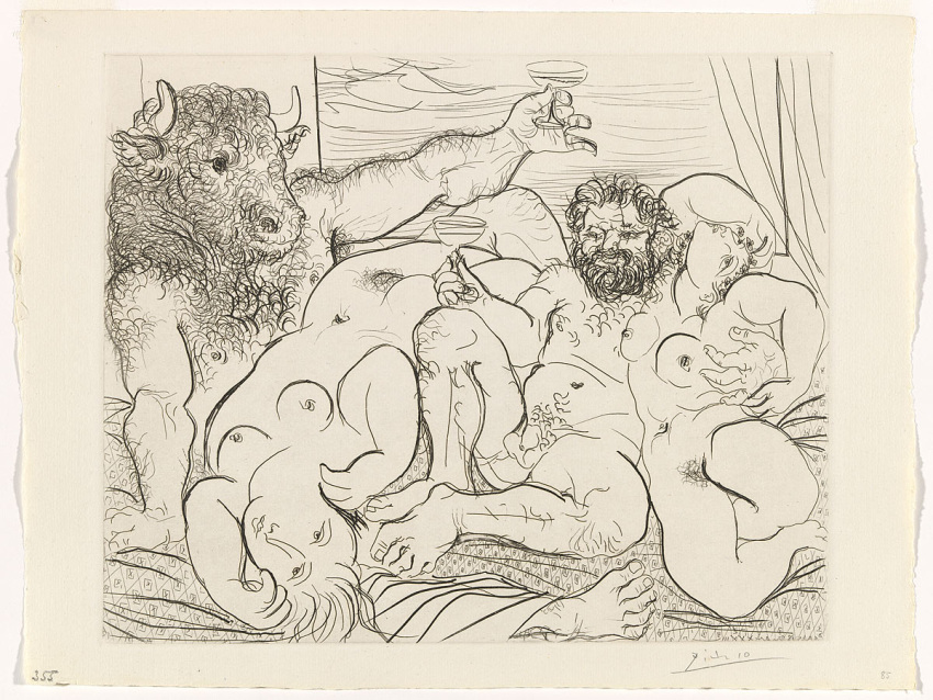 2boys 2girls alcohol beard bed beverage bovine breasts cocktail drinking facial_hair female fictional_interracial fine_art horn human male mammal martini minotaur monochrome nude pablo_picasso penis public_domain pussy straight_hair