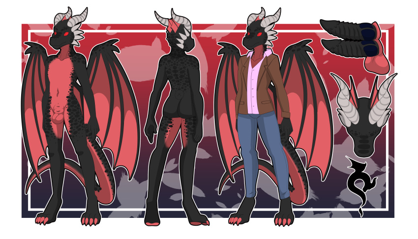 anthro balls barefoot biped character_sheet diphallia diphallism dragon horn iabelle kevin_padfoot male model_sheet multi_penis penis red_eyes scalie solo standing western_dragon wings