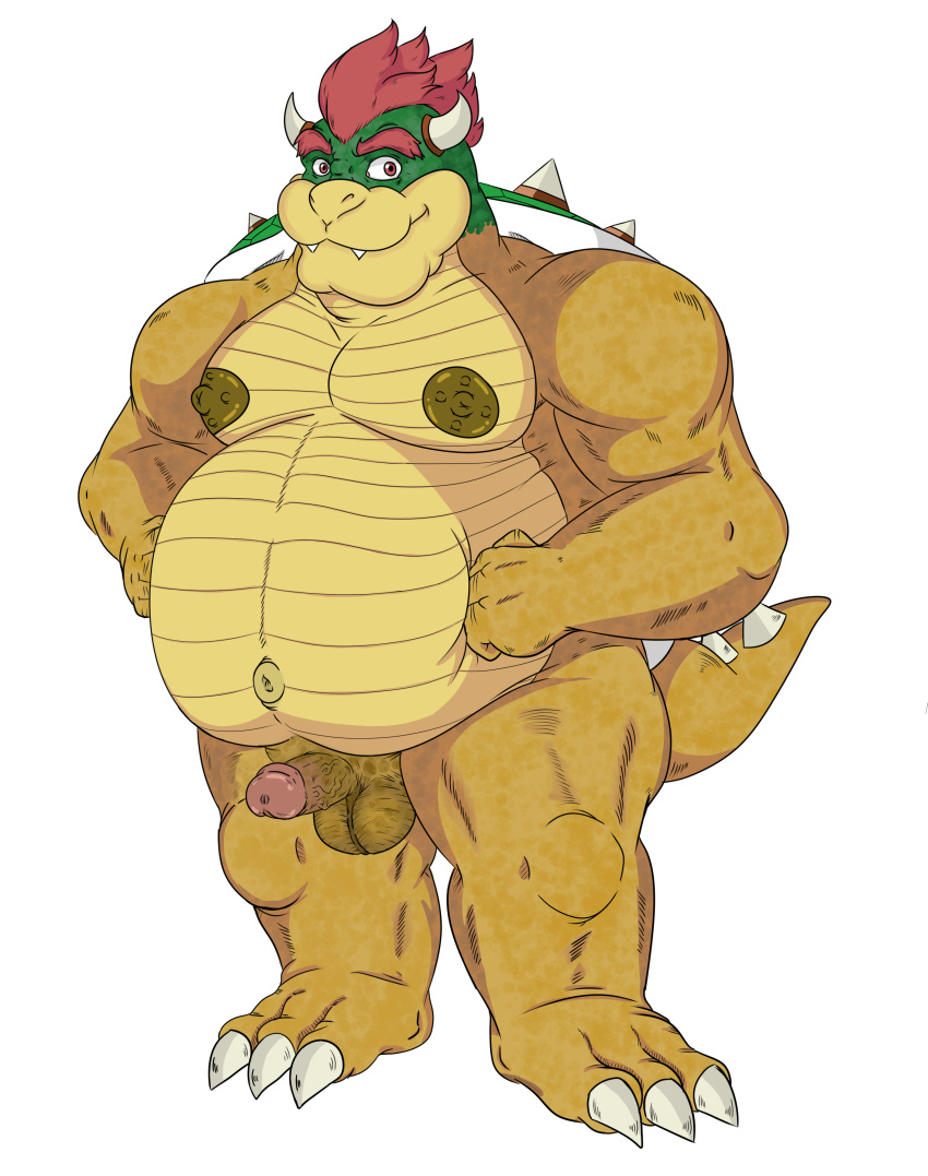 1boy artist_request bowser circumcised darkened_genitals detailed detailed_scales erection full_body gay koopa male male_only mario_(series) musclechub musclegut muscles nintendo nipples overweight_male penis red_eyes red_hair reptile scales scalie simple_background small_penis solo standing tail testicles white_background