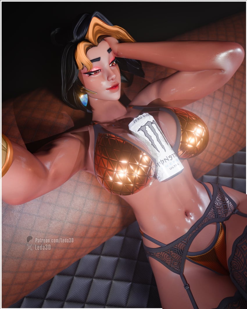 3d big_breasts bra can_between_breasts dark-skinned_female domina energy_drink indian indian_female monster_energy overwatch panties stockings tagme vaira_singhania white_monster