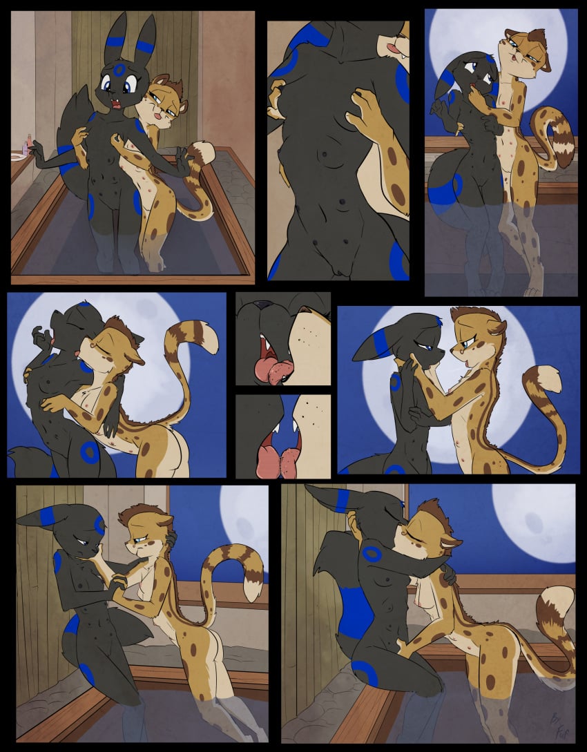 2girls absurd_res alternate_color anthro anthro_on_anthro ass black_fur black_nipples blue_eyes blue_fur breasts brown_hair cheetah comic duo eeveelution farly_(firenor) feline female female_only fingering firenor french_kissing fuf fur furry hair hi_res inside interspecies kissing licking mammal moon multi_breast multi_nipple navel nintendo nipple_pinch nipples nude oral original_character pinch pokémon_(species) pokemon pokemon_gsc pussy tail teeth tongue tongue_out umbreon vaginal_penetration video_games yellow_fur yuri