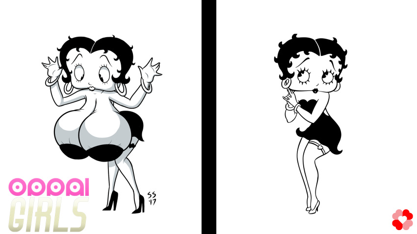 2017 alternate_breast_size betty_boop breast_expansion breasts clothed dustindemon growth huge_breasts oppai_girls partially_colored text white_background