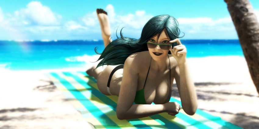 3d 3d_(artwork) adjusting_eyewear adjusting_glasses beach bikini blackknight23 disney dripping female female_only green_eyes green_hair kim_possible large_breasts looking_over_eyewear looking_over_glasses pale_skin rainbow shego solo sunbathing sunglasses swimsuit tagme tinted_eyewear toes wet wet_clothes wet_hair