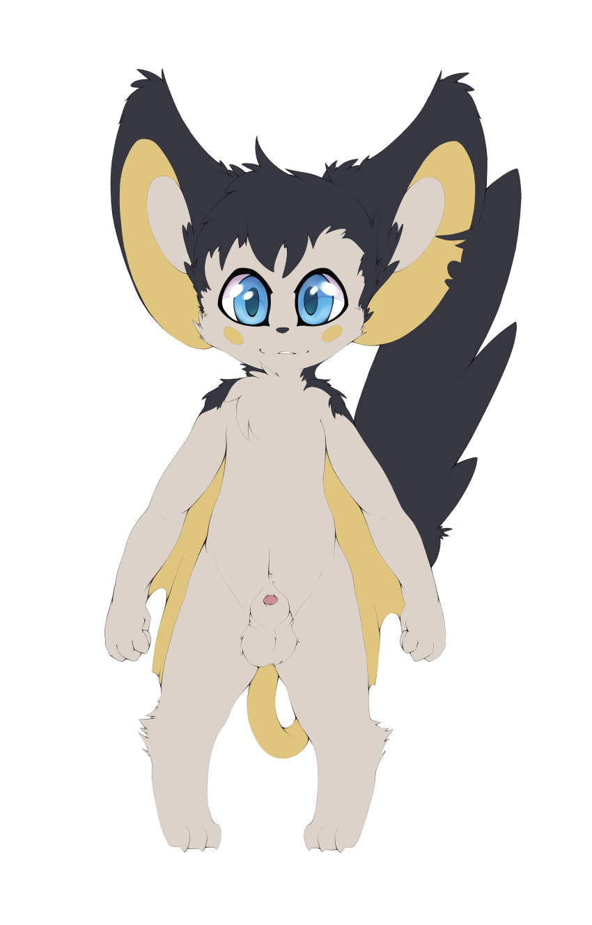 1boy 3_toes 4_fingers animal_genitalia anthro anthrofied barefoot belly big_ears big_eyes big_tail black_fur blue_eyes claws digital_media_(artwork) emolga feet flat_colors floorninja flying_squirrel front_view furry hi_res looking_at_viewer male male_only mammal nintendo no_nipples nude patagium paws penis penis_tip pokémon_(species) pokémorph pokemon pokemon_bw rodent semi-erect sheath simple_background smile solo standing tail teeth testicles video_games white_background white_fur wings yellow_fur