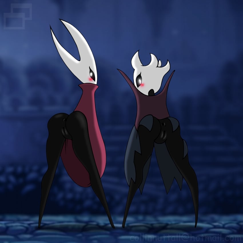 1:1 2018 anus arthropod ass black_body black_eyes black_skin blush bottomless cf cloak clothed clothing duo emilitia endymion_(artist) female hollow_knight hornet_(hollow_knight) humanoid insects looking_at_viewer looking_back mask presenting presenting_hindquarters presenting_pussy pussy