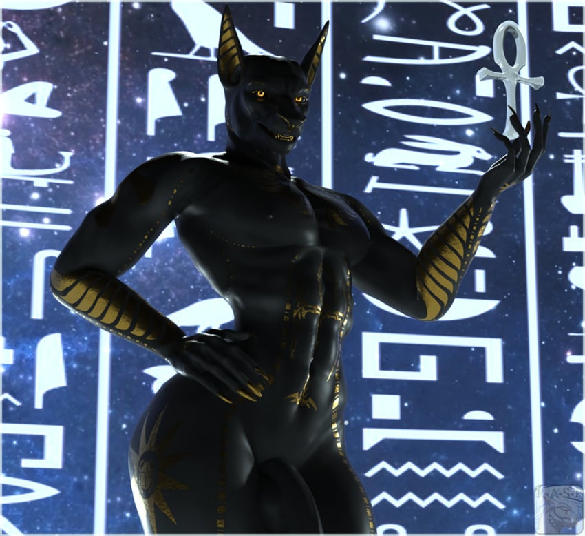 2018 3d 5_fingers anthro anubian_jackal ass azentaru_(r-a-s-p) big_butt black_skin canine deity flaccid front_view glowing glowing_eyes gold_markings hand_on_hip hi_res humanoid_penis jackal male male_only mammal navel nipples nude penis r-a-s-p_(artist) solo standing watermark yellow_eyes