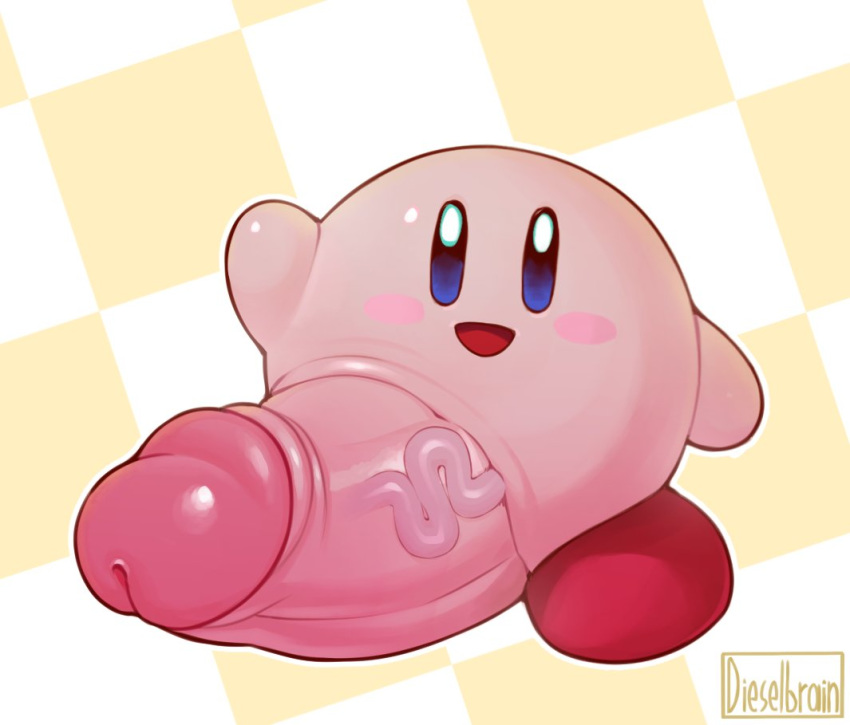 1boy 2d dieselbrain erection glans humanoid_penis hyper hyper_penis kirby kirby_(series) male nintendo nude open_mouth open_smile penis pink_penis sackless smile solo vein veiny_penis vertical_bar_eyes video_games waddling_head waving