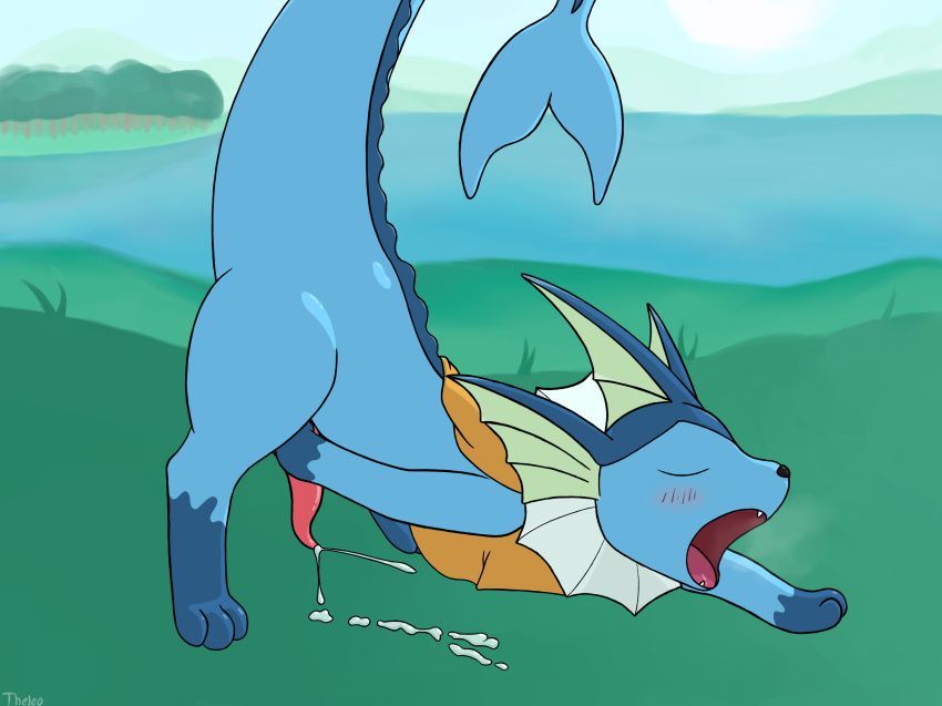 1boy all_fours alternate_color ass_up big_tail blue_fur blue_skin blush breath cape cel_shading closed_eyes clothing cum cum_on_ground cumshot day detailed_background digital_media_(artwork) eeveelution ejaculation erection fangs feet feral fins furry grass heavy_breathing hi_res huff lake male male_only masturbation mountain nintendo nude open_mouth orgasm orgasm_face original_character outdoors paws penis pokémon_(species) pokemon pokemon_rgby raised_tail reaching side_view solo stretching tapering_penis teeth text theleo_(weblure) thick_thighs tongue tree vaporeon video_games water watermark weblure yellow_skin