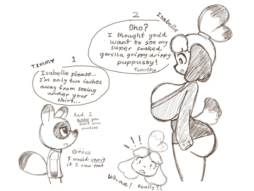 animal_crossing anthro big_ass big_breasts big_butt canid canine canis chocolatetophie cleavage cleavage_overflow deleted deleted_in_source domestic_dog female furry huge_ass huge_breasts huge_butt isabelle_(animal_crossing) raccoon_dog sketch tanuki teasing tight_clothing timmy_nook undersized_clothes