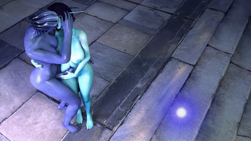 3d asari barefoot breasts futa_with_female futanari huge_ass intersex kissing liara_t'soni mass_effect penis soria therenderguy thick_thighs unreal_tournament