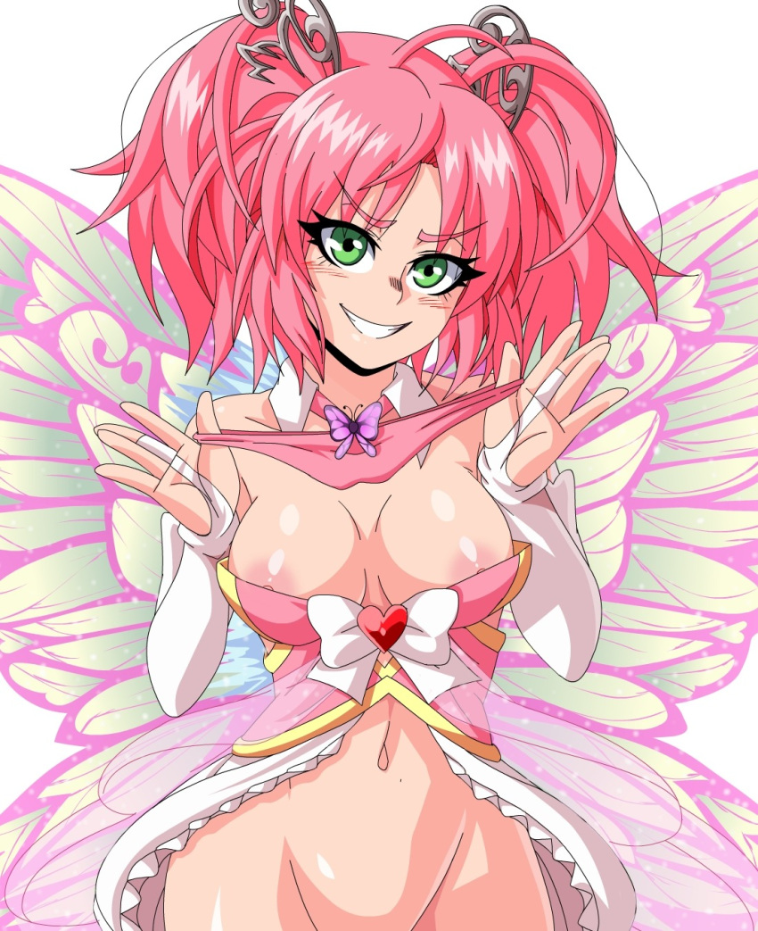 1girls 2018 abs blush bottomless butterfly_wings dress fairy female female_only green_eyes grin heart holding_panties huniepop kyu_sugardust lewdamone looking_at_viewer nipple_slip pantsu partially_clothed pink_hair smile solo wings