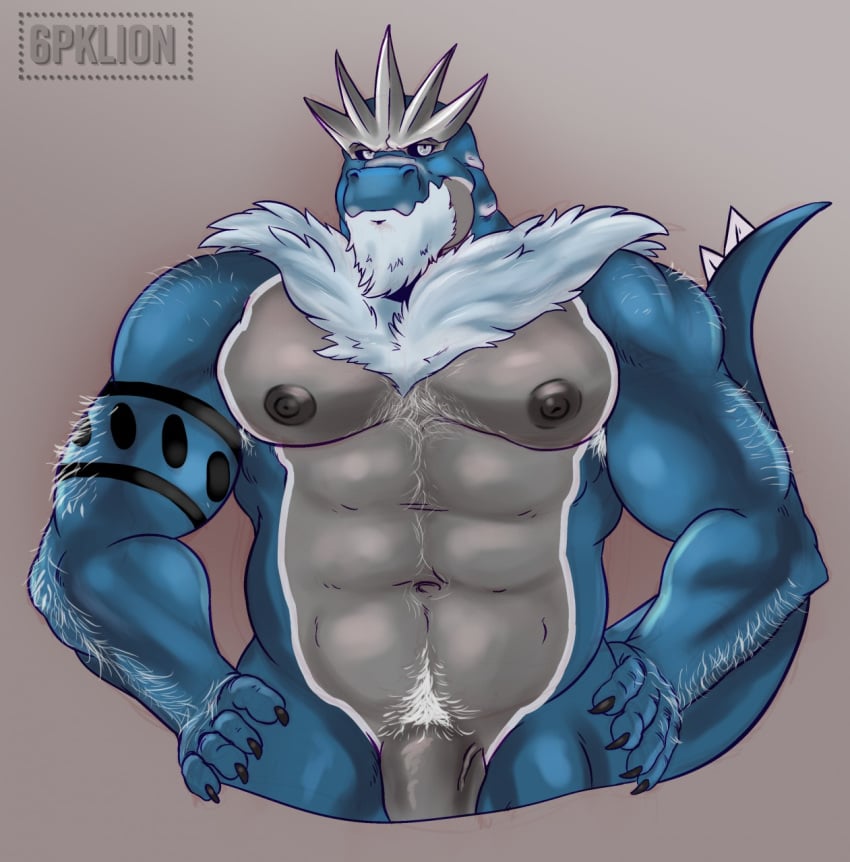 1boy 6pklion abs alternate_color anthro armpit_hair beard biceps big_muscles big_penis blue_skin body_hair chest_hair claws digital_media_(artwork) dinosaur duke_(bowserfan93) facial_hair flaccid fur grey_scales grey_skin grin hair hi_res huge_penis looking_at_viewer male male_only mane muscular muscular_male navel nintendo nipples nude pecs penis pokémorph pokemon pokemon_xy pubic_hair scales scalie shaded sharp_claws sharp_teeth simple_background smile solo spike_(disambiguation) standing teeth text thick_thighs tyrantrum veins veiny_penis video_games watermark white_fur white_hair white_skin