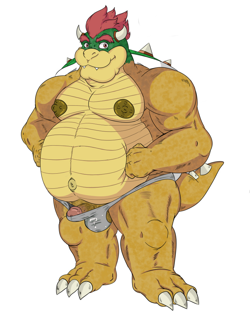 1boy artist_request bowser circumcised clothing darkened_genitals detailed detailed_scales erection full_body gay koopa male male_only mario_(series) musclechub musclegut muscles nintendo nipples overweight_male penis red_eyes red_hair reptile scales scalie simple_background small_penis solo speedo standing tail testicles white_background