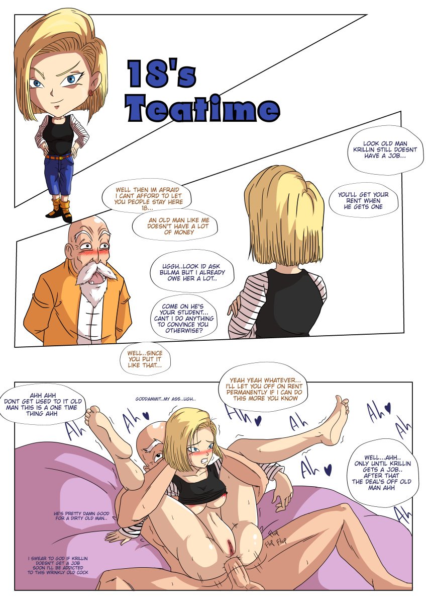 18s_teatime absurd_res anal anal_sex android_18 blonde_hair blue_eyes blush breasts cheating cheating_wife dragon_ball dragon_ball_super dragon_ball_z female male master_roshi netorare nipples ntr old_man penis pounding pussy recreator2099 speech_bubble straight text