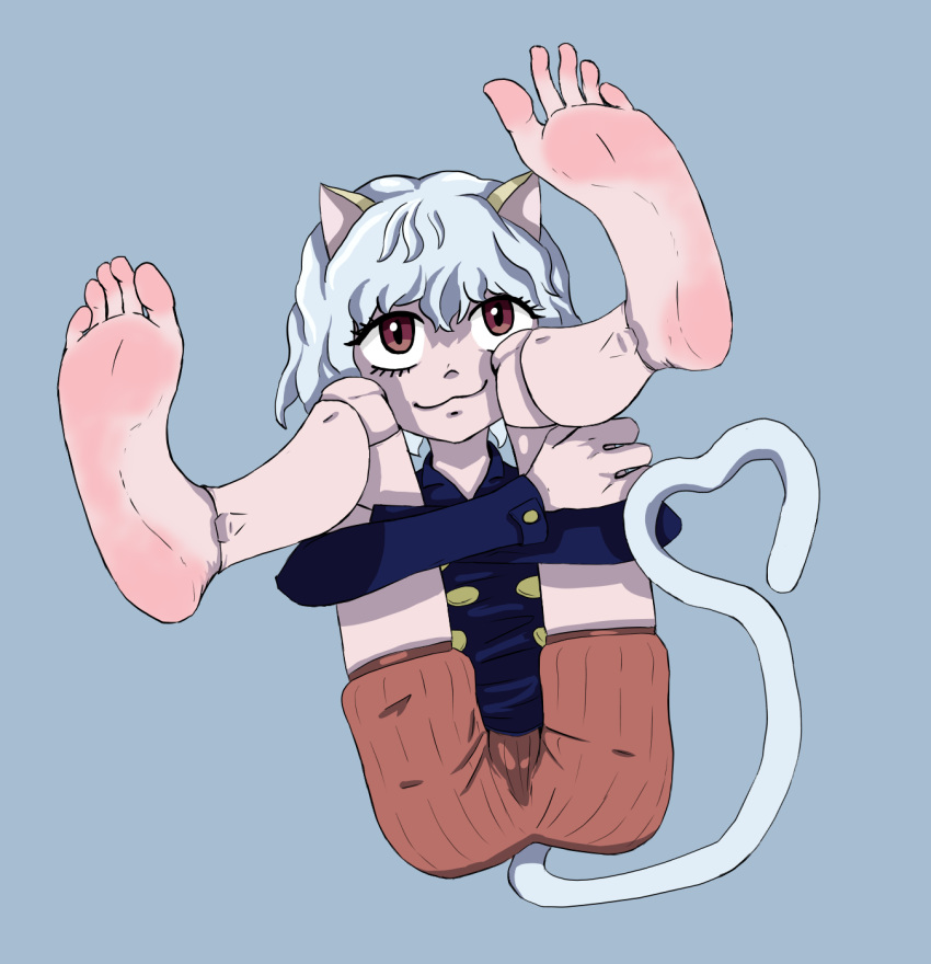 1girls :3 cat_ears cat_tail clothing cock-atrice feet feline female female_only fully_clothed greek_toe hunter_x_hunter long_toes medium_hair neferpitou smile soles solo tail toes white_hair