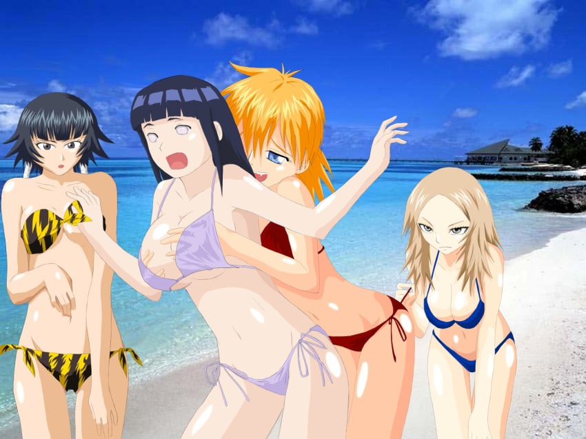 4girls art beach bikini bleach breasts claymore copyright_name crossover hellsing hyuuga_hinata large_breasts long_hair miria_(claymore) multiple_girls naruto naruto_shippuden open_mouth seras_victoria short_hair small_breasts soifon swimsuit yuri