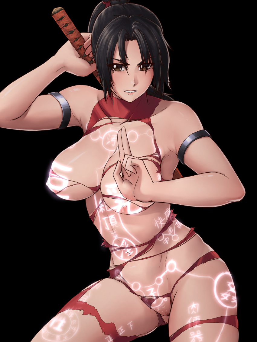 armbands body_writing bodysuit breasts brown_eyes brown_hair cameltoe energy erect_nipples female female_only finalcake functionally_nude glowing large_breasts midriff navel nipples nude solo soul_calibur sword sword_behind_back taki torn_bodysuit torn_clothes translation_request