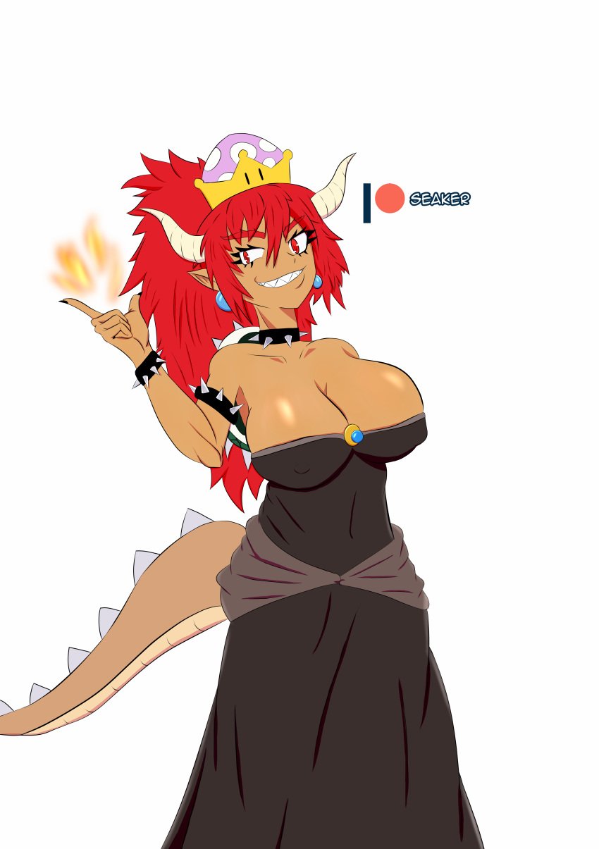 bowsette breasts bursting_breasts collar crown dark-skinned_female dark_skin dress erect_nipples female female_focus fire high_resolution huge_breasts mario_(series) new_super_mario_bros._u_deluxe nintendo nipples patreon red_bowsette red_eyes red_hair seakerzx shell super_crown tail tan_skin tanned turtle_shell very_high_resolution watermark wrist_cuffs wristband