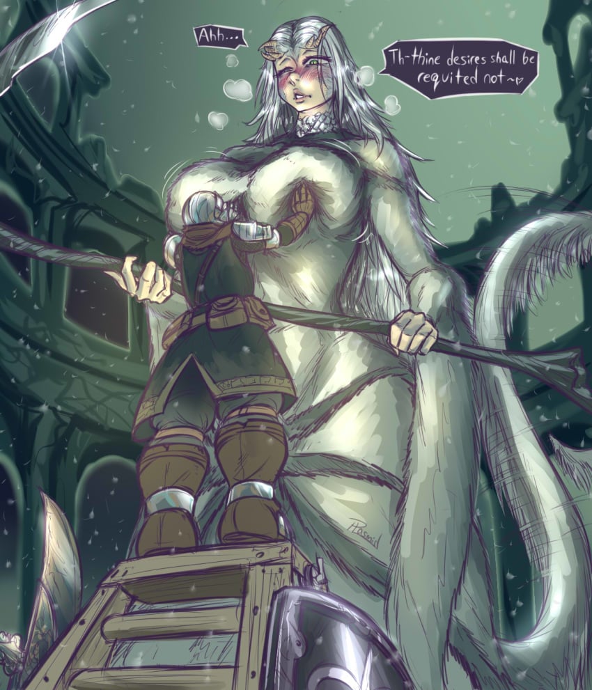 1boy 1girls blush breast_grab chosen_undead clothed crossbreed_priscilla dark_souls fromsoftware giantess green_eyes heavy_breathing huge_breasts human interspecies plasmidhentai scythe size_difference tail text