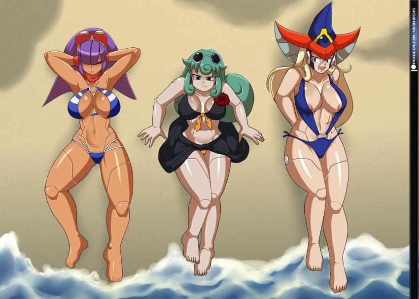 3girls almost_naked almost_nude armpits beach berkana big_breasts bikini black_bikini black_swimsuit blonde_hair blue_bikini blue_eyes blue_swimsuit capcom closed_eyes green_hair hands_behind_back hands_behind_head hat layer long_hair marino mega_man mega_man_x mega_man_x_dive open_mouth purple_hair robot_girl rockman rockman_x rockman_x_dive sea swimsuit swimsuit_layer_(x_dive) tag_the_damn_company_how_hard_is_it vcampan witch_hat