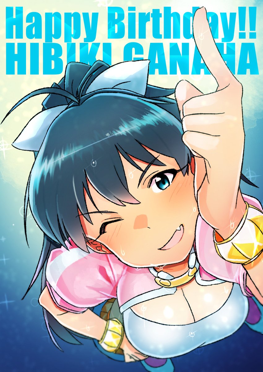 10s 1girls 2018 bangs blue_eyes blue_hair bracelet cleavage clothed clothed_female cute_fang fang female female_only fully_clothed ganaha_hibiki hair_ribbon hair_up hand_on_hip happy_birthday high-angle_view highres idol idolmaster jewelry large_breasts light-skinned_female looking_at_viewer momo_no_suidou-sui non-nude one_eye_closed open_mouth open_smile pointing ponytail smile solo standing sweat tied_hair white_skin wink