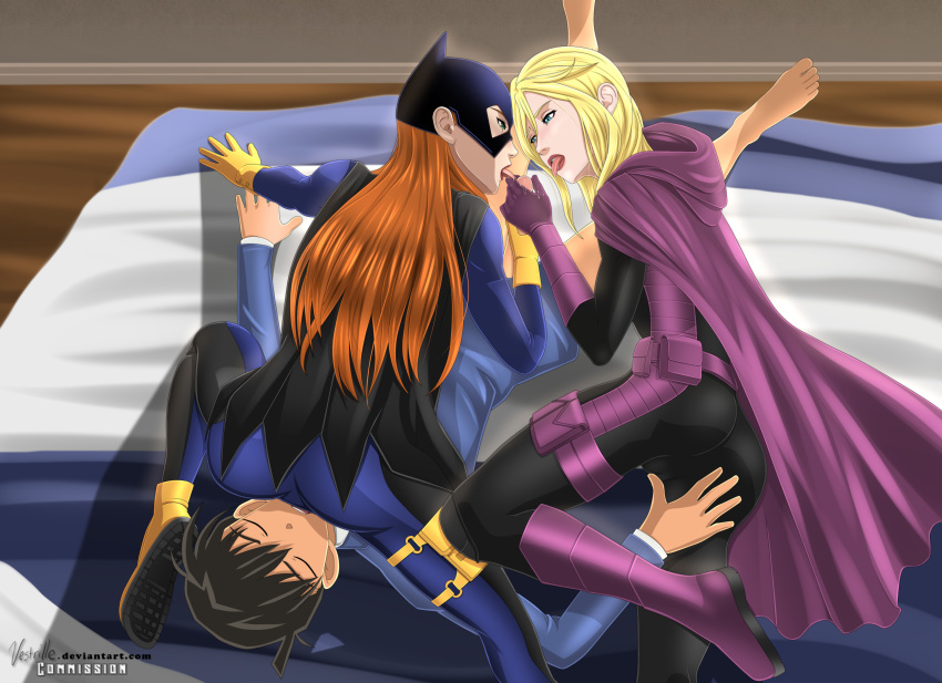 1boy 2girls barbara_gordon batgirl batman_(series) blonde_hair costume crossover dc dc_comics detective_conan facesitting mask multiple_girls oral oral_sex red_hair saliva saliva_trail shinichi_kudo spoiler_(dc) stephanie_brown sucking teenager threesome vestrille