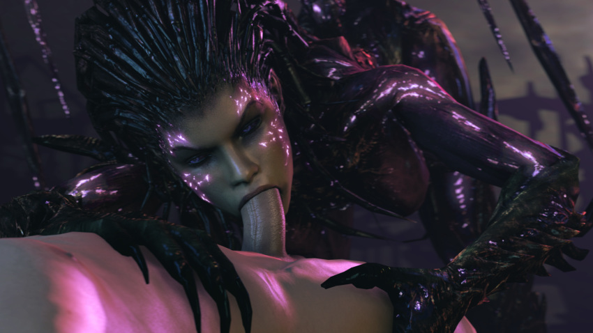 1boy 1girls 3d absurdres alien bent_over big_breasts bluelight breasts claws erection eyebrows fellatio female glowing hair hands heroes_of_the_storm highres human interspecies lips male monster monster_girl nose nude oral pale-skinned_male pale_skin partial_male penis pointy_ears purple_eyes purple_skin queen_of_blades sarah_kerrigan source_filmmaker starcraft straight zerg