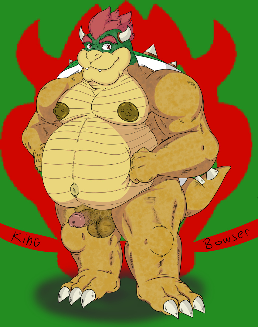 1boy artist_request background bowser circumcised darkened_genitals detailed detailed_scales erection full_body gay koopa male male_only mario_(series) musclechub musclegut muscles nintendo nipples penis red_eyes red_hair reptile scales scalie small_penis smile solo standing tail testicles