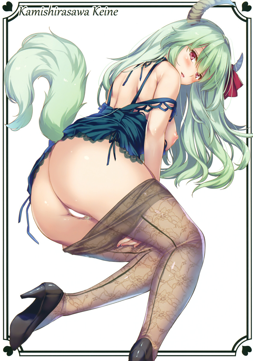 absurdres ass bare_arms bare_shoulders black_footwear blue_dress blush breasts censored character_name dress ex-keine feet_out_of_frame female from_behind green_hair heart high_heels highres horn horn_ribbon horns keine_kamishirasawa large_breasts long_hair looking_at_viewer looking_back moneti_(daifuku) nipples pantyhose pantyhose_pull parted_lips pubic_hair red_eyes red_ribbon ribbon scan see-through simple_background smile solo strap_slip tail touhou white_background