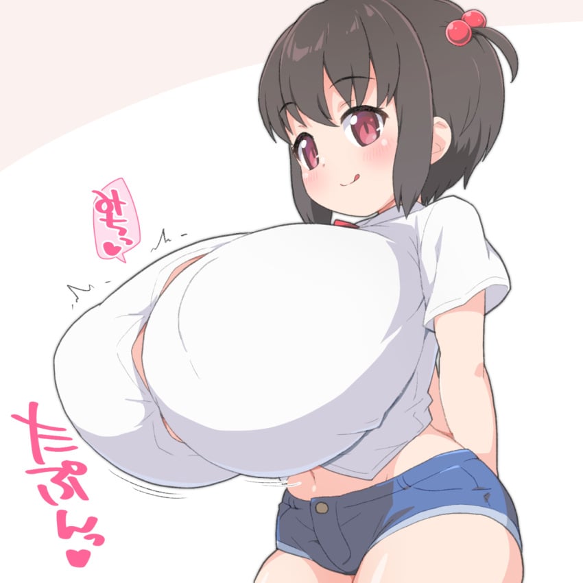 :q arms_behind_back blue_shorts breasts brown_eyes brown_hair bursting_breasts button_gap female gigantic_breasts hair_bobbles hair_ornament original shirogane_hakuba shirt short_hair short_shorts shorts small_but_busty solo tongue tongue_out two_side_up undersized_clothes white_shirt