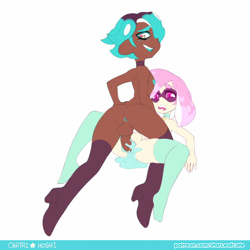 2boys anal anus ass aster_(nedoiko) balls choker cum cum_in_ass cumpool dark-skinned_femboy dark-skinned_male dark_skin domino_mask duo eyebrows eyeshadow fangs femboy green_hair high_heels ink inkling inkling_boy large_penis looking_back makeup male_focus male_only mask multiple_boys naked_boots naked_footwear naked_with_shoes_on nedoiko nude octarian octoling octoling_boy orgasm original penis pink_eyes pink_hair sex smile splatoon spread_legs symbol-shaped_pupils tentacle_hair thighhighs trap uncensored white_background yaoi yellow_eyes