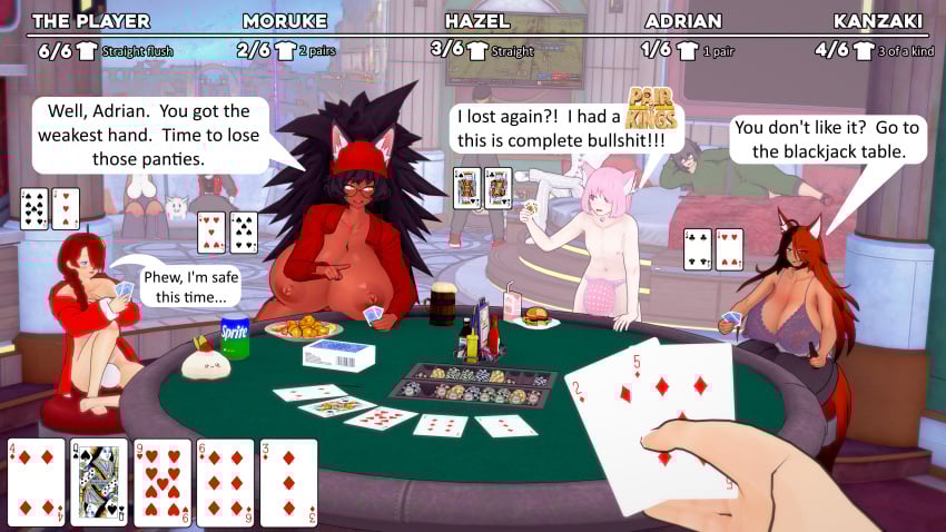 big_breasts big_bulge black_hair bulge bulge_under_clothes burger cat_ears catboy dark-skinned_female femboy fox_girl fox_tail hiderlink20 hoodie hoodie_only koikatsu larger_female moruke_omura_(character) multicolored_hair panties pink_hair poker_table pov red_hair sprite_(soda) strip_poker user_interface