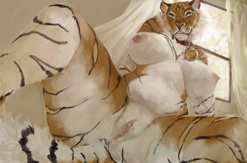 1girls anthro anus bell_collar big_breasts breasts clitoris collar completely_nude feline female female_only hervy_(uchoa) looking_at_viewer mammal nipples nude nude_female oouna pussy solo spread_legs spreading tiger uchoa voluptuous whiskers