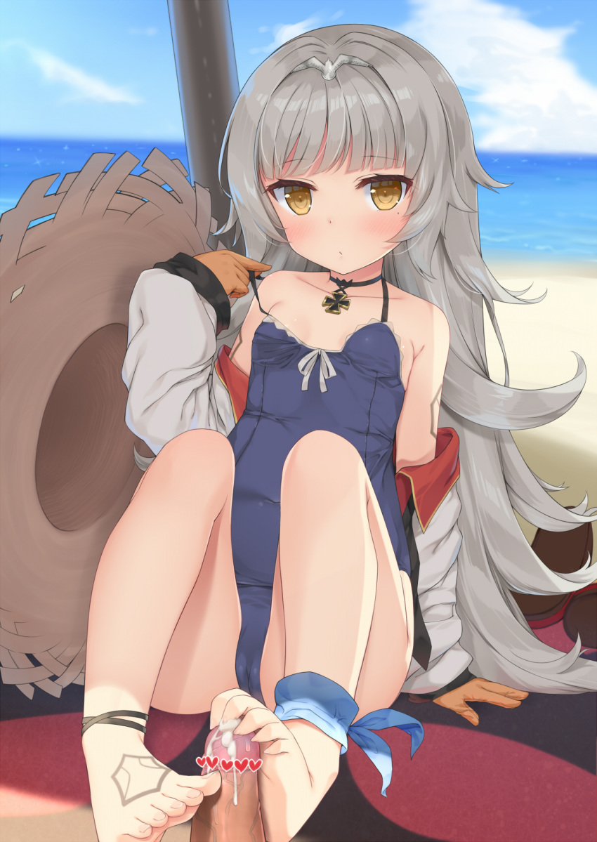 1boy 1girls azur_lane bangs beach blue_sky blush breasts cameltoe censored cloud collarbone commentary_request cum dark-skinned_male dark_skin day eyebrows_visible_through_hair female footjob fujieda_uzuki gloves grey_hair hair_ornament hat heart heart_censor highres iron_blood_(azur_lane) iron_cross jewelry light-skinned_female light_skin long_hair looking_at_viewer mole mole_under_eye necklace ocean penis sky small_breasts solo_focus straight straw_hat swimsuit yellow_eyes z46_(azur_lane) z46_(her_first_summer)_(azur_lane)