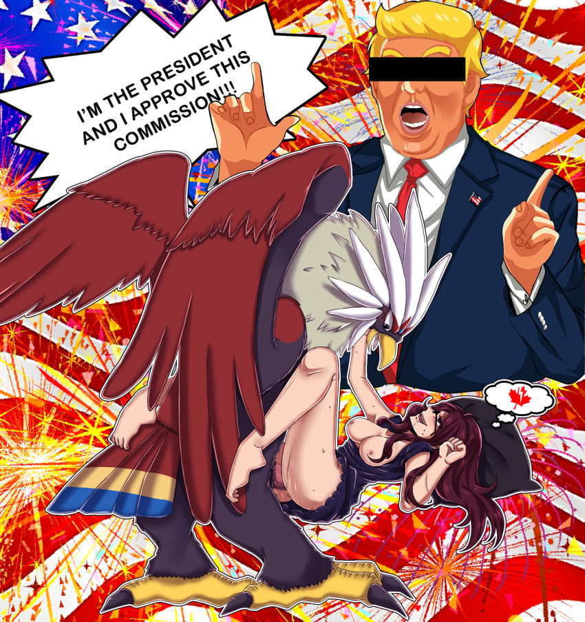 1girls 2boys ahe_gao american_flag anthro ass avian beak big_feet blush braviary breasts breasts_out brown_eyes brown_hair censor_bar censored clothed clothed_female_nude_male clothing donald_j_trump donald_trump drooling duo english_text eye_contact feathered_wings feathers feet female female_human female_on_feral feral fireworks flag hair human human_on_feral humor interspecies joke legs_up looking_up male male/female male_penetrating male_pokemon male_pokemon/female_human mammal maple_leaf missionary_position nintendo nipples nude open_mouth original_character penetration penis pok&eacute;mon_(species) pok&eacute;philia pokemon pokemon_bw pokephilia princessyiris pussy raitvisualworks red_background saliva sex smile sweat text thinking tongue trainer_iris vaginal_penetration video_games wings zoophilia