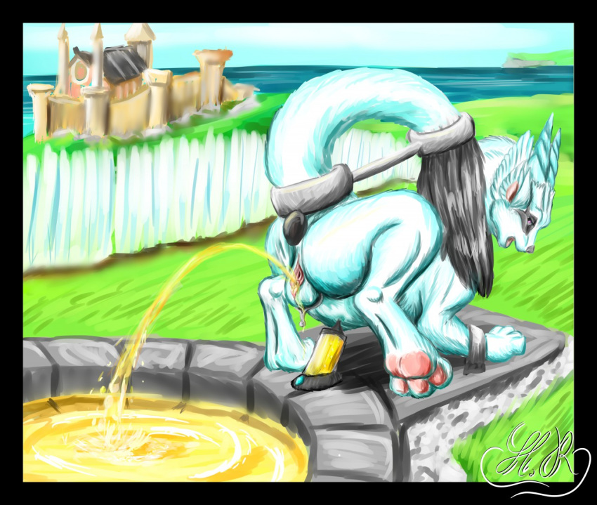 2018 ass detailed_background dragon female feral forced fur furred_dragon horn hyruzon looking_at_viewer looking_back nude open_mouth outside pawpads peeing presenting pussy rear_view sky solo urine urine_pool watersports white_fur