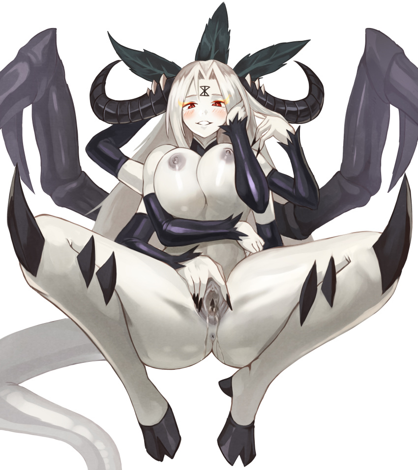 absurdres anus black_nails blush breasts chaos_(warhammer) commission demon_girl detached_sleeves enteka_(khornette_quest) facial_mark female fingernails forehead_mark hand_on_own_cheek highres hooves horns khornette_quest large_breasts long_fingernails long_hair looking_at_viewer monster_girl multi_arm multi_limb nail_polish nipples nude pussy pussy_juice red_eyes simple_background smile solo sookmo spread_legs spread_pussy tail uncensored warhammer_(franchise) warhammer_40k white_background white_hair white_skin