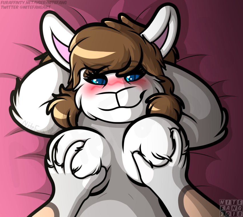 ambiguous_gender bedroom_eyes big_breasts blue_eyes blush breast_grab breast_squeeze breasts brown_hair eyewear female female/ambiguous fur hair half-closed_eyes hand_on_breast nichole_(nitefang) nitefang nude seductive smile white_fur wuffles