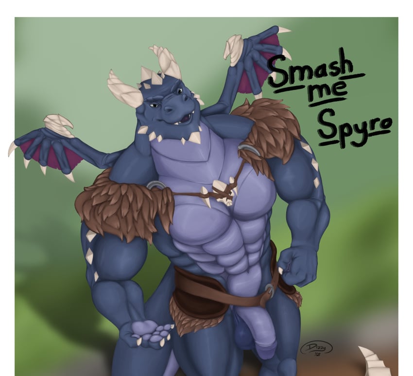 2018 abs anthro balls big_balls big_penis blue_scales bubba_(spyro) claws clothing digital_media_(artwork) dizzyknight dragon english_text flaccid hi_res horn humanoid_penis looking_at_viewer male male_only membranous_wings muscular muscular_male nude open_mouth painted pecs penis scales scalie smile solo spyro_reignited_trilogy spyro_the_dragon standing teeth text video_games wings