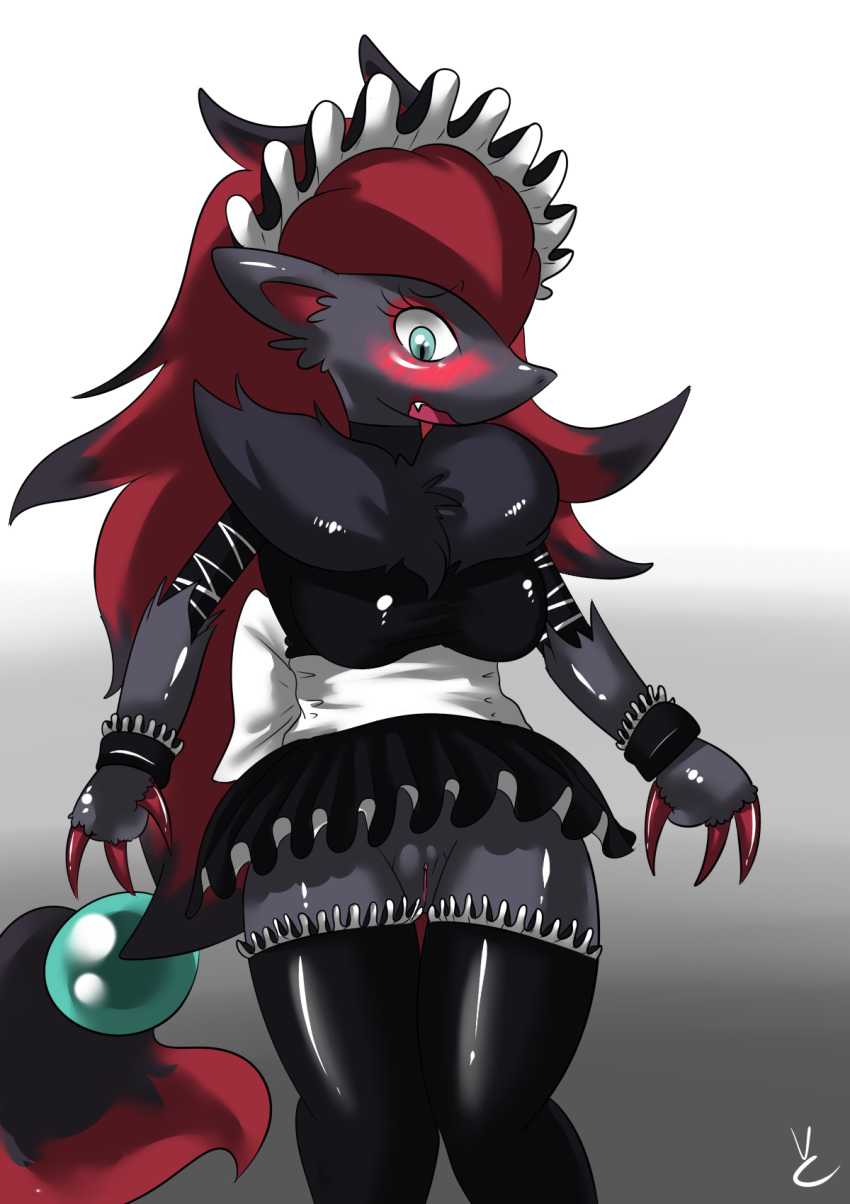 2015 anthro blush breasts canine claws clothed clothing female fur grey_fur hair legwear maid maid_uniform mammal nintendo open_mouth pokemon pokemon_(species) pussy red_hair solo stockings video_games virate-chip zoroark